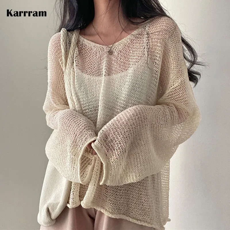 Karrram Lazy Style Full Sleeves Jumpers Tops Hollow Out Sexy Women Fashion Casual Streetwear Chic Femme Sweaters Pullovers 250606