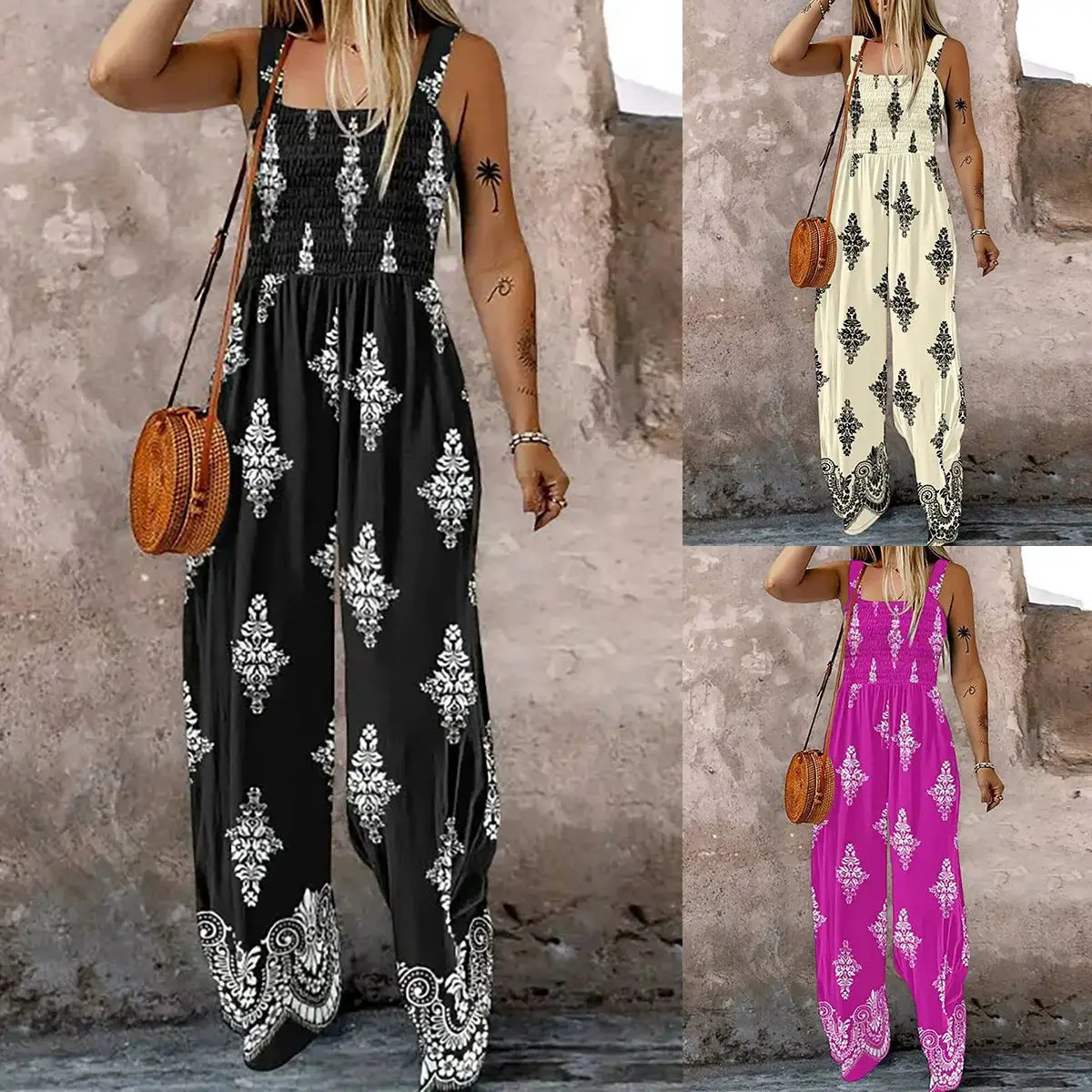 Women One Piece Print Sling Sleeveless Jumpsuits Wide Leg Long Pants Overalls Elegant High Waist Casual Loose Rompers 250609
