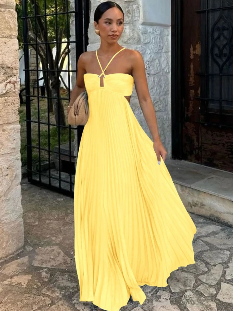 Womens Fashionable and Elegant Summer Camisole Beach Vacation Long Dress Backless Pleated Dress 250611