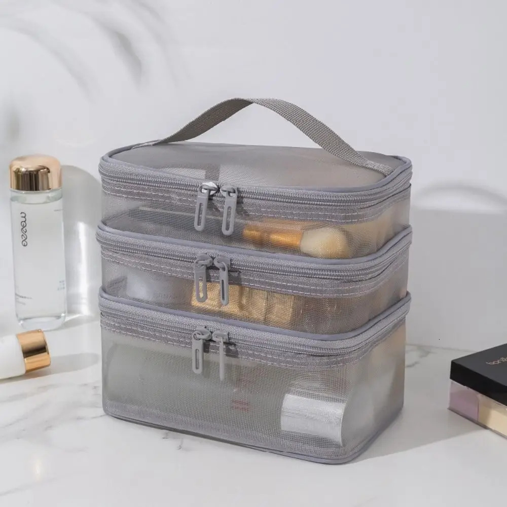 Fashion Transparent Mesh Travel Cosmetic Bag Storage 123 layer Toiletry Bag Large Capacity Make Up Organizer Bag Womens 250612