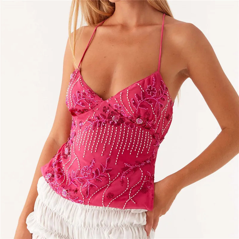 hirigin Sequin Halter Crop Tops for Women Y2k Pearl Embellished Cami Tops Summer Glitter V Neck Rhinestone Camisole Tank Shirt 250609