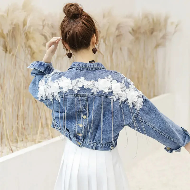 Denim Jacket Womens Embroidered Pearl Loose-fit Korean Style Trendy Spring Autumn Arrival Student Clothing Petite Denim Coat 250609