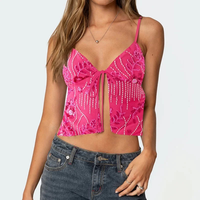 Women Y2K Sequin Cami Top Front Tie Pearl Rhinestone Sleeveless Tank Top Sparkle Glitter Backless Crop Top Party Clubwear 250609