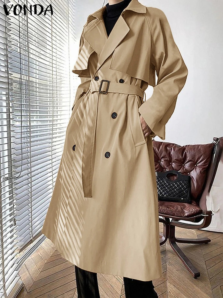 Plus Size VONDA Autumn Winter Long Sleeve Trench Casual Double Breasted Coats Solid Women Lapel Neck Elegant Long Jackets 250606