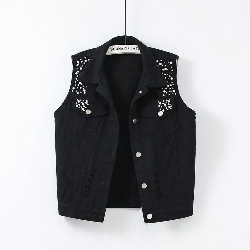 Perles d'été printemps Veste de gilet en jean court blanc femelle mince manteau sans manches noir rose rose femme occasionnel gaim 250609