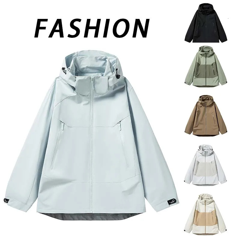 Spring Autumn Men Waterproof Hiking Jacket Women Stitching Color Hooded Windbreaker Outdoor Camping Cycling Casual 250610