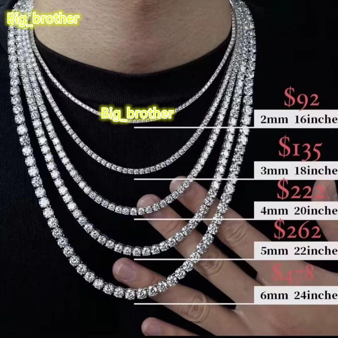 3 jours prêts à être expédiés 2 mm 3 mm 4 mm 5 mm 6 mm Collier de chaîne de tennis Moisanite Men 18k Gold Gold 925 Bijoux fins en argent sterling