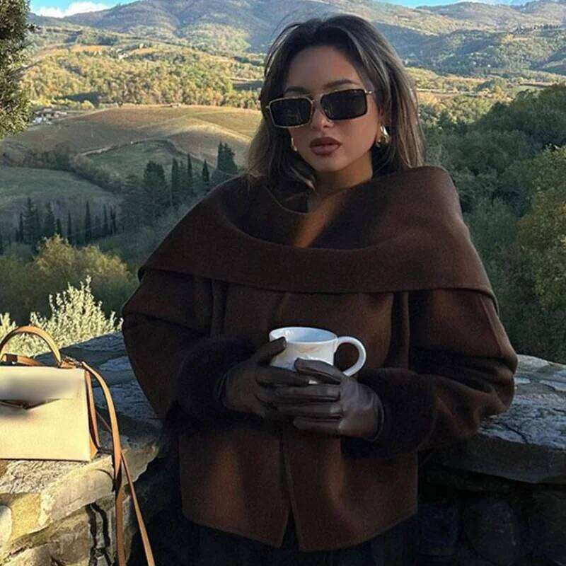 Vestes en mélange de laine pour femmes, écharpe décorée, élégantes, manches longues, ourlet fendu, manteaux courts amples, nouveaux vêtements d'e