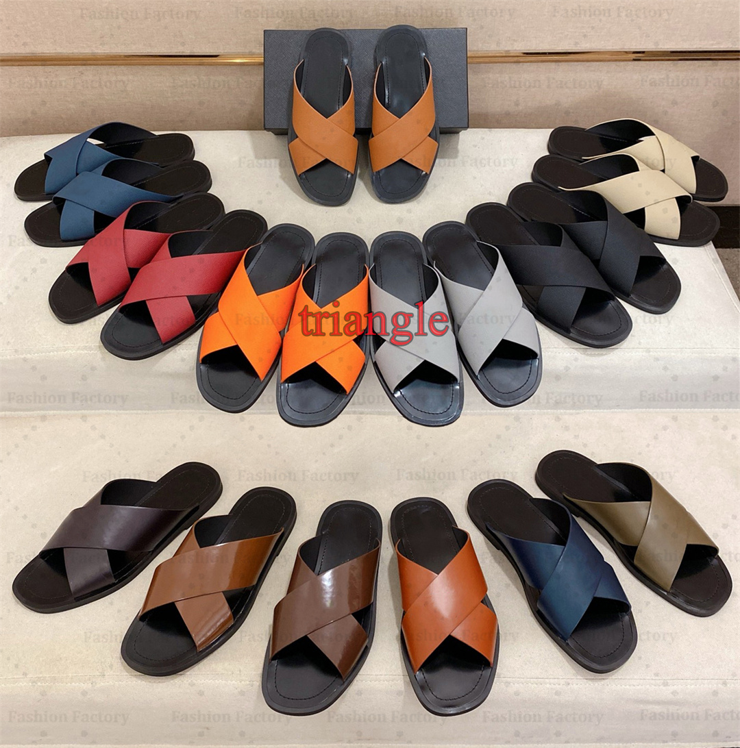 Sandales de créateurs Luxury Saffiano Crross Crisscross Men Men Outdoor Lawn Slippers Daily tenue Fashion Casual Triangle Rubber Sole Taille 38-4