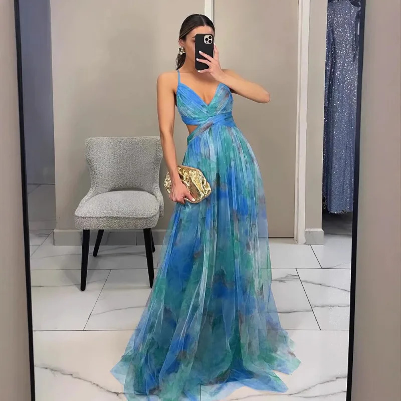 Elegant Print Pleated Mesh Evening Dress Sexy Off Shoulder Ins Vacation Long Summer V Neck High Waist Backless Sling 250611