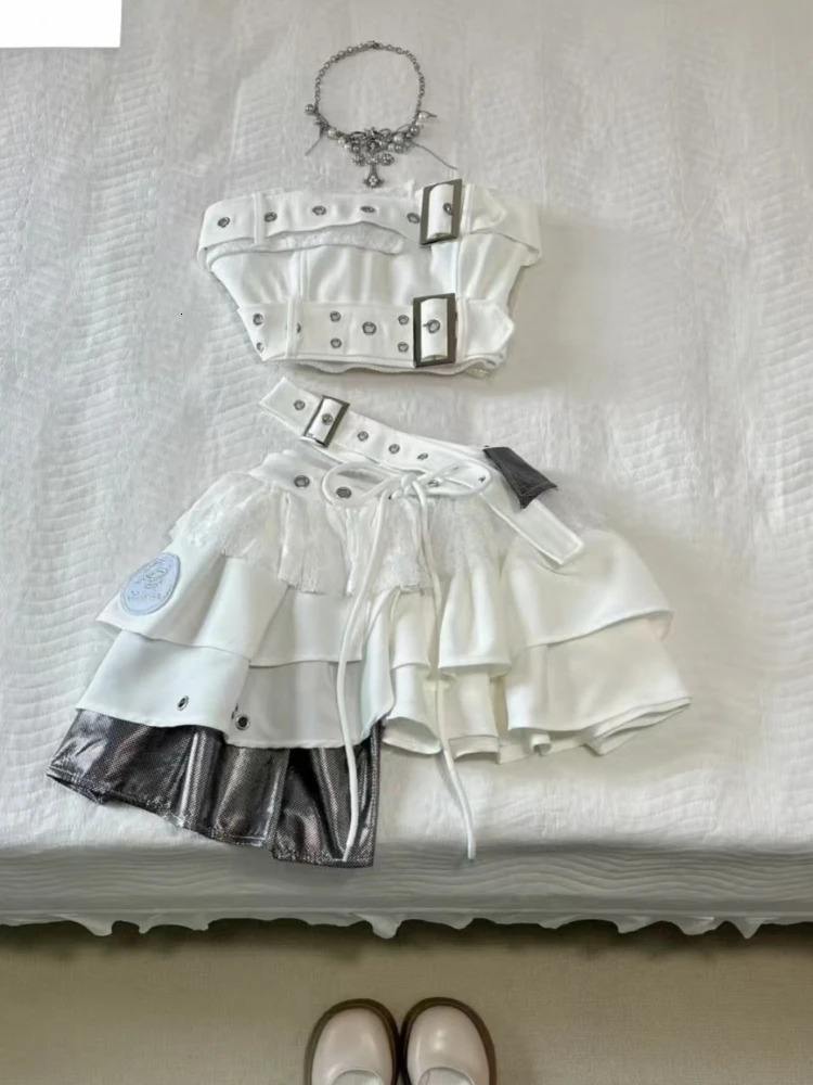 2025 Vintage Summer Elegant Y2K Woman 2 Piece Sets Punk Gothic Strapless Crop Tops High Waist Ruffle Skirt Female Party Outfits 250611