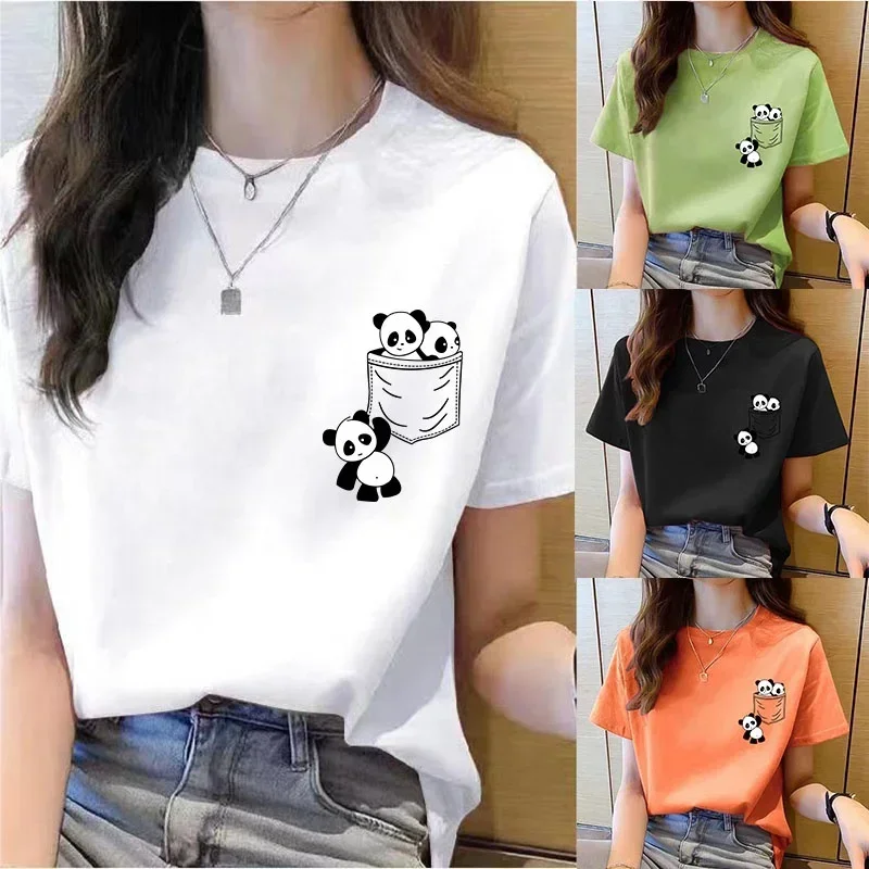 Women Short Sleeve Top Summer New Pocket Panda Cartoon Printed Designer T-shirt Korean Fashion Women Tops Loose Round Neck Clothing Women