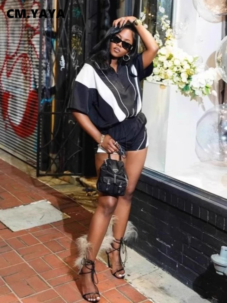 CM.YAYA Patchwork Womens Set short Sleeve Jacket Top and Shorts Suit Street Active Sporty Two 2 Piece Set Outfit Tracksuit 250606
