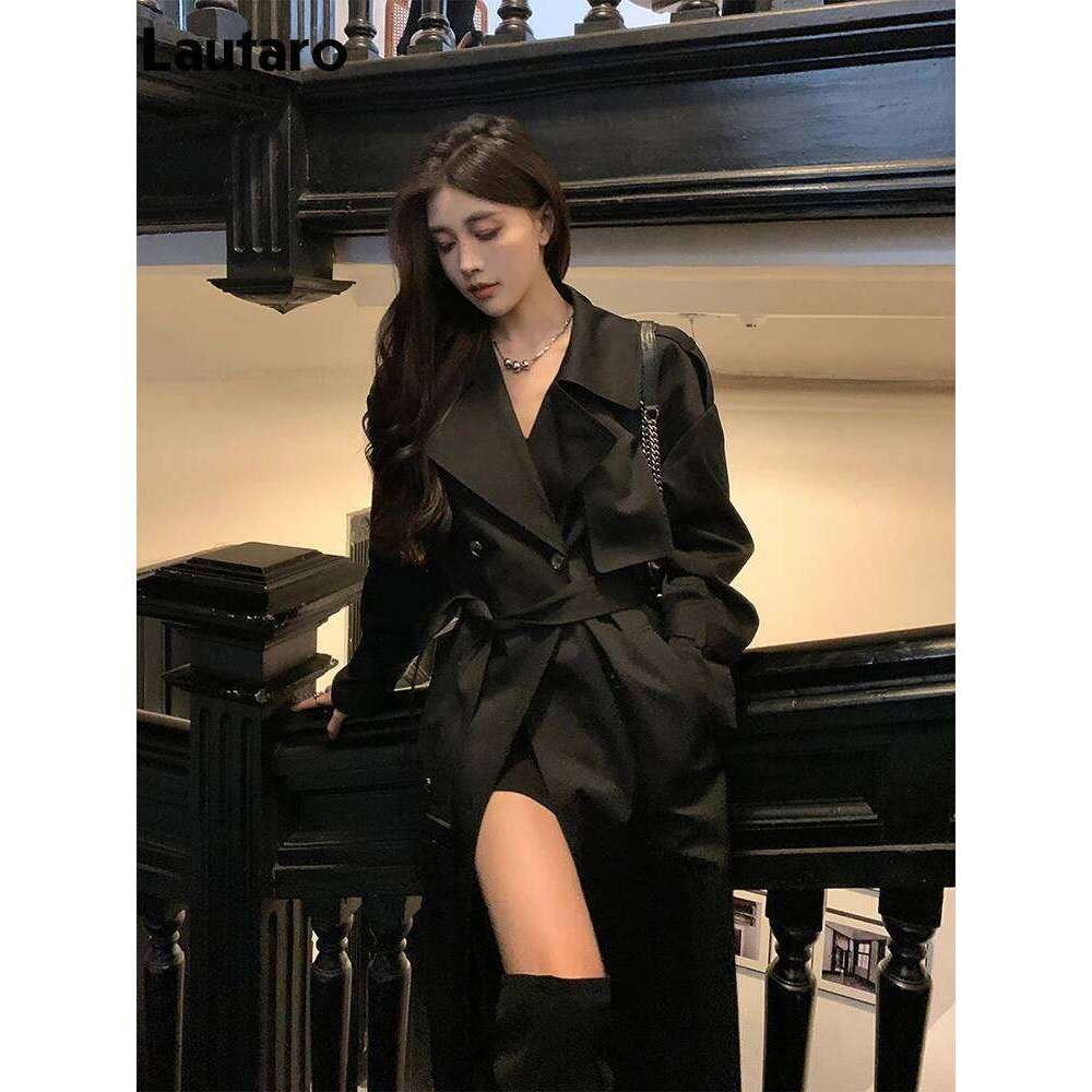 Lautaro Spring Autumn Long Black Hard Waterproof Trench Coat for Women Belt Double Breasted High Quality Overcoat 2024