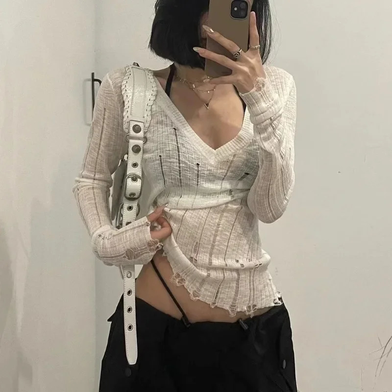 Deeptown Coquett Y2K pull en tricot pour femme évider tricots col en V pulls printemps transparent pull Harajuku mode Grunge 250606