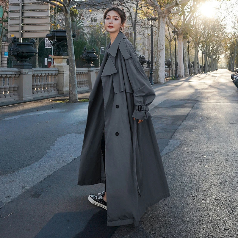 Korean Style Loose Oversized X-Long Womens Trench Coat Double-Breasted Belted Lady Cloak Windbreaker Spring Fall Outerwear Gray 250606