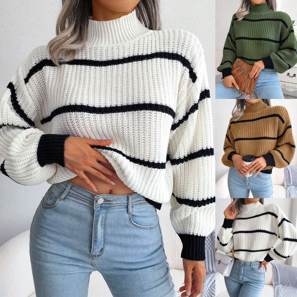 Pull tricoté décontracté à manches lanternes rayées, demi-col roulé, mode femme, automne hiver 2024