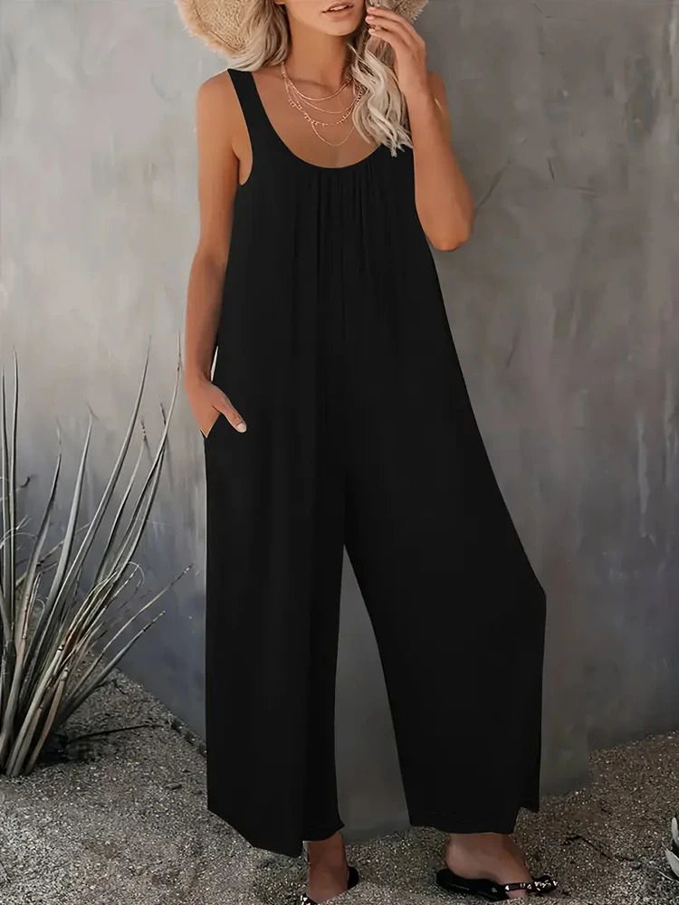 Loose Solid Color Wide Leg Jumpsuit Sleeveless Scoop Neck Summer Comfortable Casual Pockets Pullover Basic Womens Clothing 250603