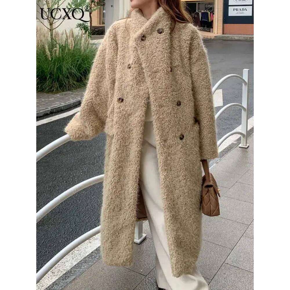UCXQ High Street manteau en laine d'agneau femmes 2025 automne hiver nouveau col à revers Double boutonnage élégant Long pardessus femme Z1713