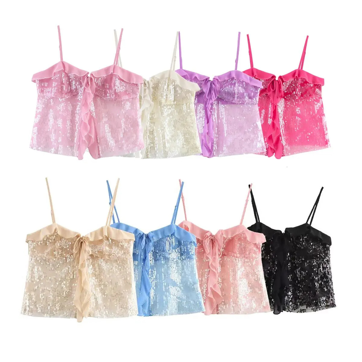 Women Sequined Tops 2025 Fashion Ladies Vintage See-Through Camis for Club Party Female Sweet Tops Chic Clothes Casual Slim 250609