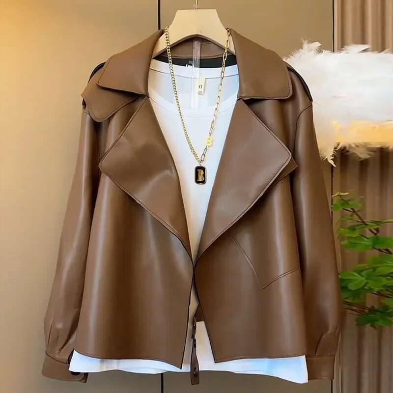 Printemps automne nouvelle veste en polyuréthane vêtements d'extérieur pour femmes élégant tout-Match lâche chair couvrant Cardigan manteau court