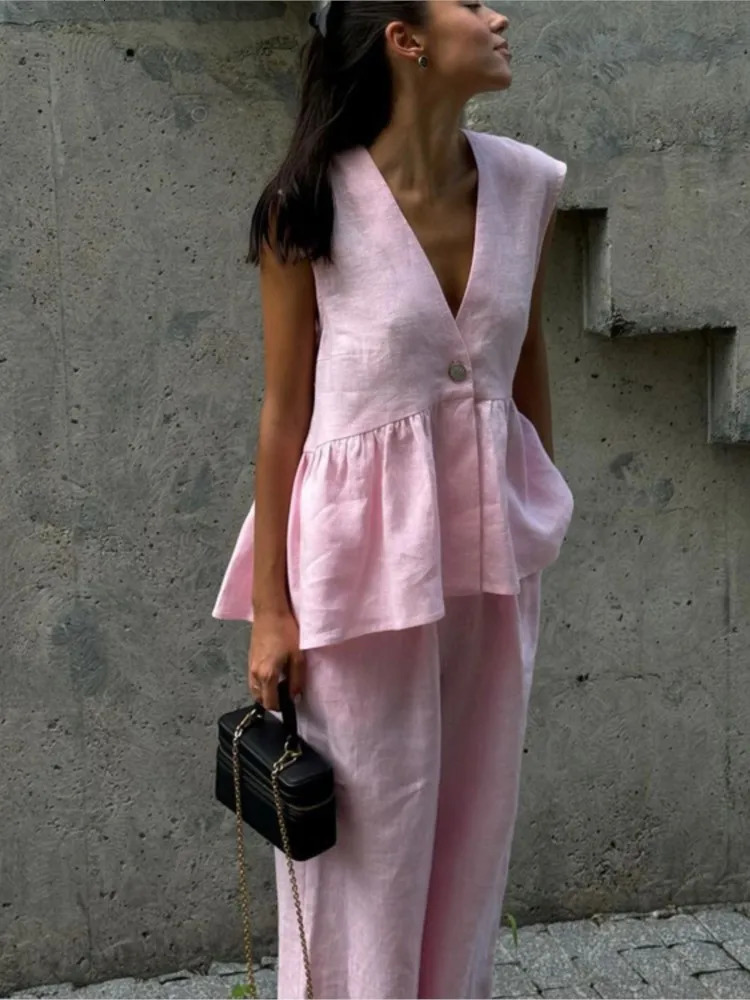 Fashion Pink Cotton Linen 2 Piece Set Women Summer Chic Elegant Outfit Sleeveless Ruffles Tank Top And Loose Wide-leg Pants Sets250609