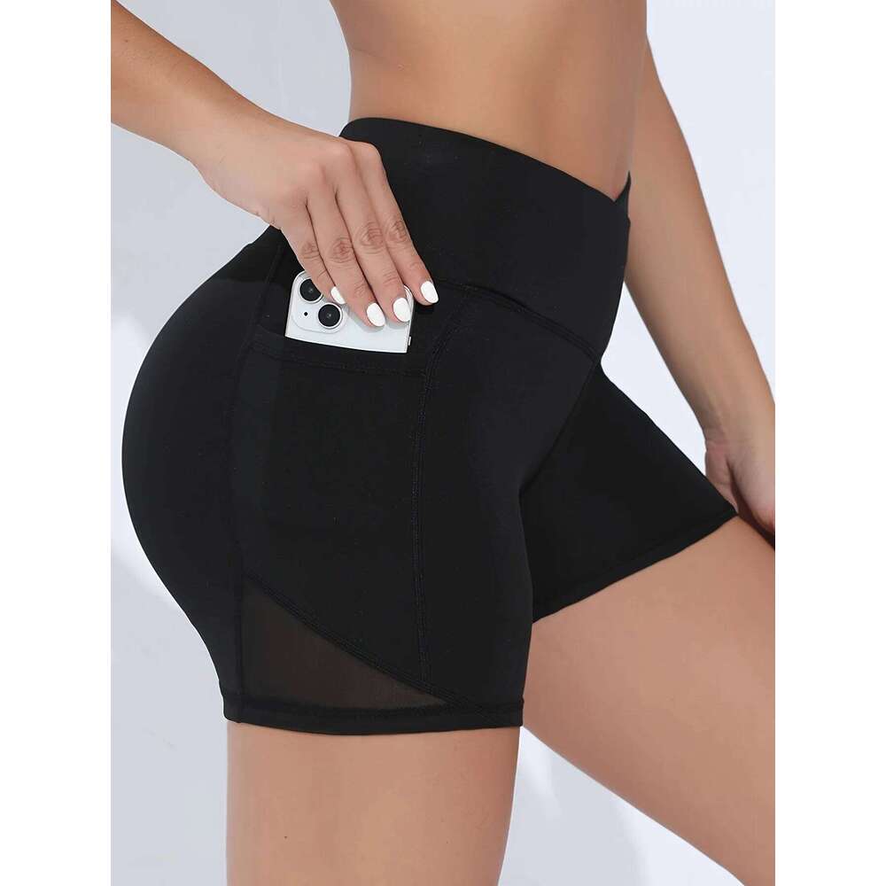 Women's Cross High Waist With Pockets Yoga Tummy Tuck Exercise Tight Shorts