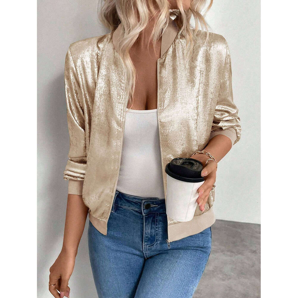 New Solid Color Zipper Design Early Autumn Thin Slim Fit Casual Jacket Top B5 v5