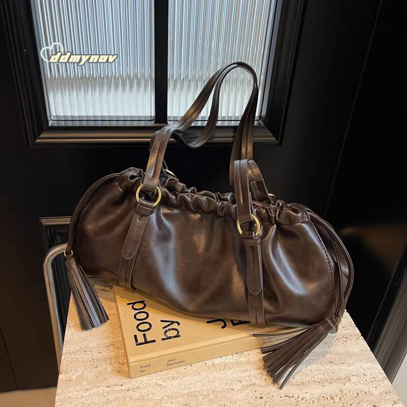 Womens Retro Vintage Tote Large Capacity PU Leather Boston Ruched Buckle Closure Hobo Bag Solid Color for Outdoor Travel ddmynov