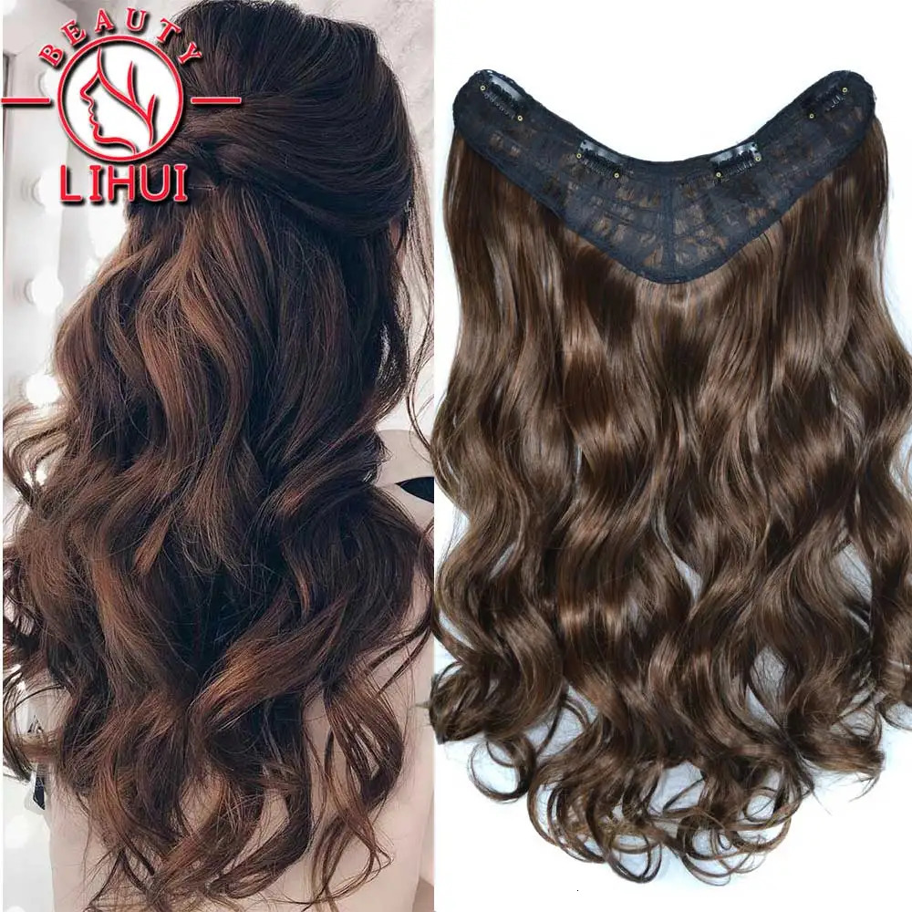 Clip d'extension synthétique en forme de V Curly Curly Wavy dans les cheveux Fibre résistant à la chaleur ombre Brun noir Gris pour femmes Lihui