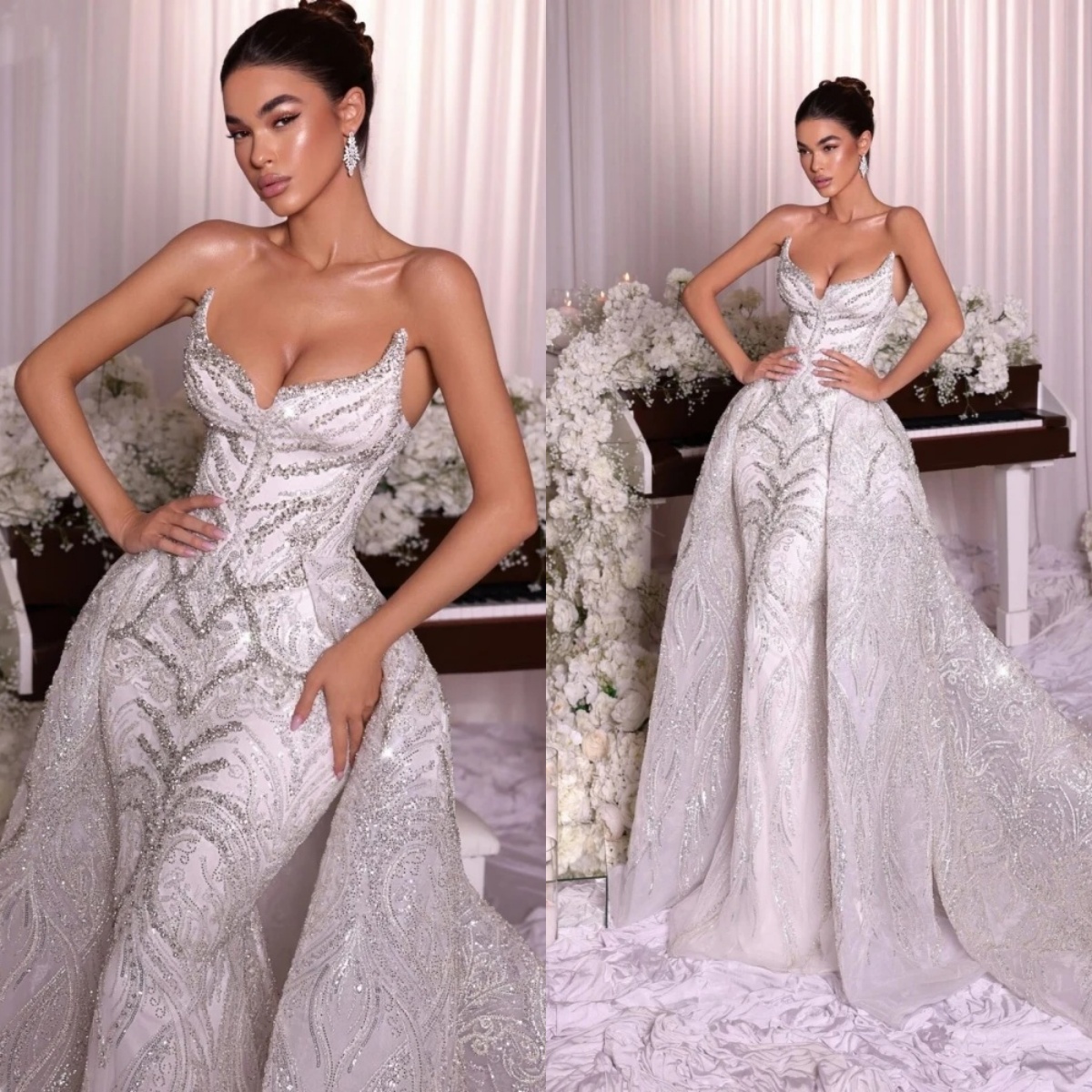 Luxury Crystal Wedding Dresses Strapless Sequins Bridal Gowns with Detachable Train Mermaid Rhinestone Customized Vestidos De Novia Plus Size