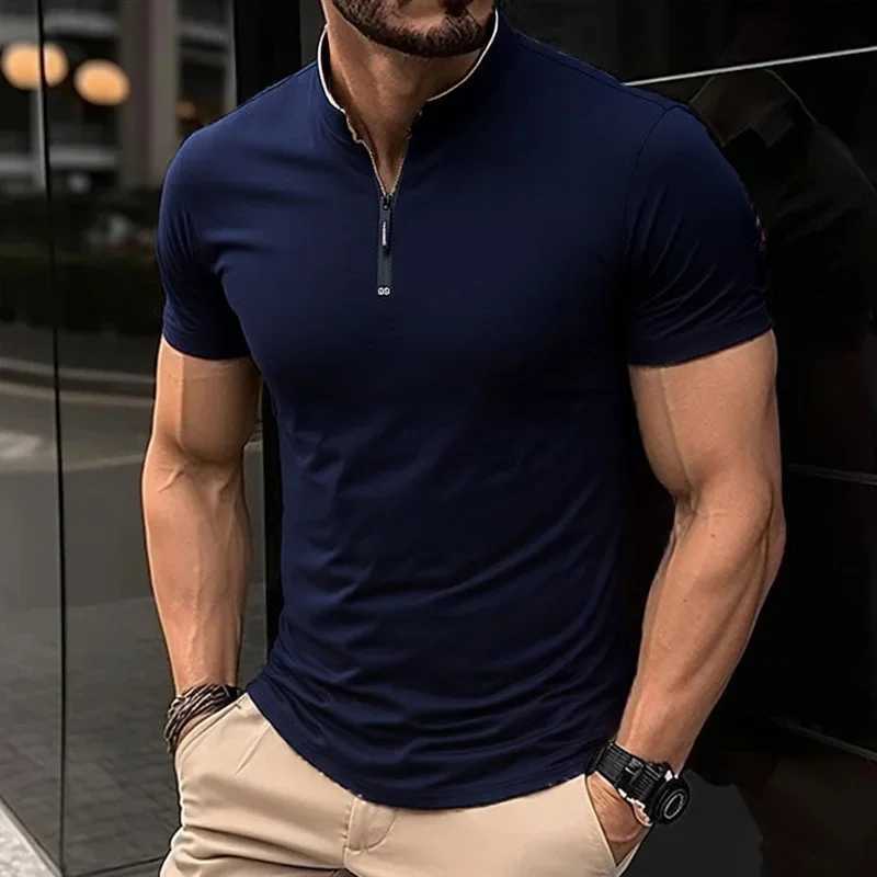 2025 New Mens Casual Fashion Solid Color Short Sleeve Polo Shirt Stand Up Collar Versatile Comfortable Top XJ250612