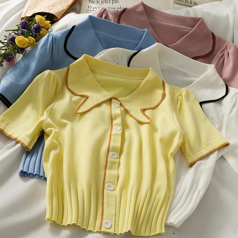 Femmes d'été tricotées à manches courtes Patchwork Polo Collit T-shirts Cropped Girls Gros élastique Slim Tshirt Tees Crop Tops250609