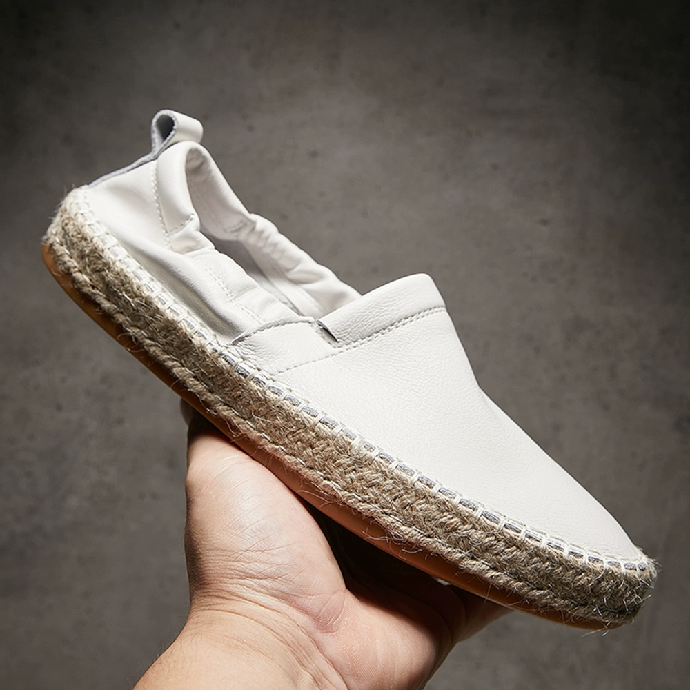 Mandons en cuir authentiques pour hommes - Chaussures décontractées pêcheurs à enfiler, baskets en cuir haut de gain, chaussures de mode blanches
