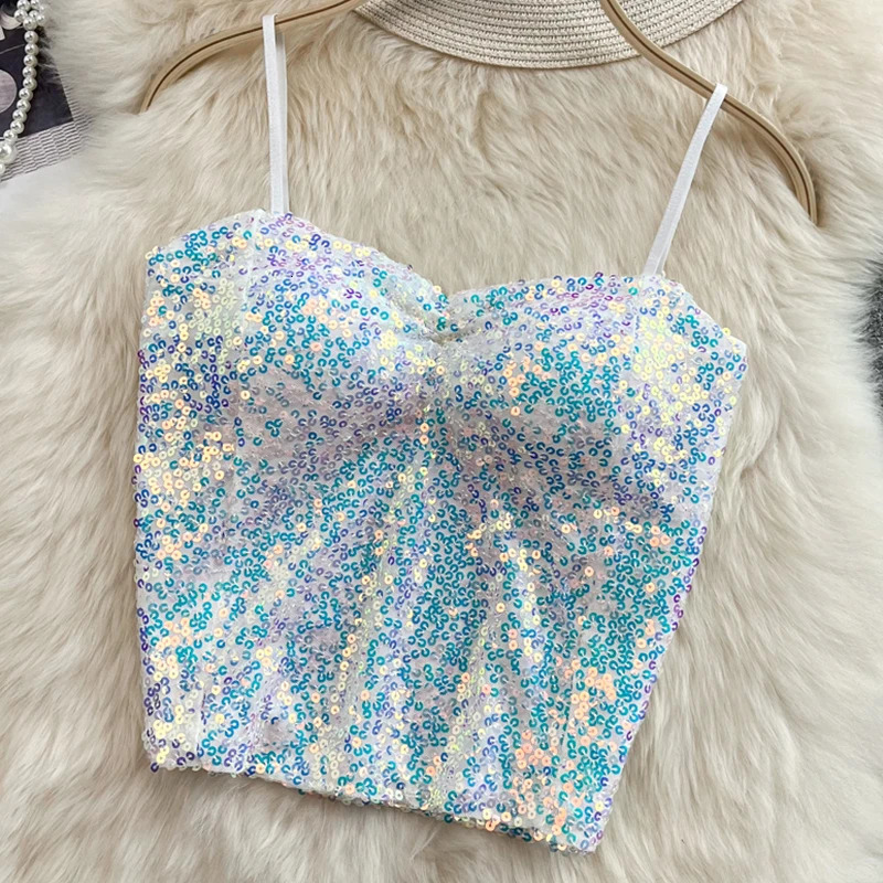 Summer Women n Off Shoulder Tank Tops With Bra Pad Sequin Elastic Pleated Patchwork Crop Tops Backless All-match Camis 250609