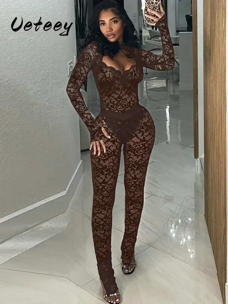Ueteey Sexy Jacquard 2 pièces Set Femmes Y2K Coquette Bodyless Hollow BodySuit LeggingSight Midnight Clubwear Skinny Tenues 250609