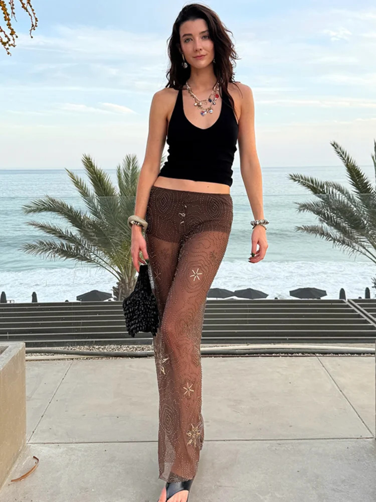 Women Fashion Sequin Long Pants Elegant Patchwork See Through Printing Drop Waist Wear Lady Summer Holiday Commute Streetwear250609