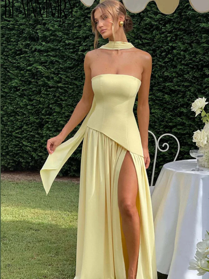 Gauze jaune élégant hors épaule écharf couche longue robe femme de mode sans manches aligne vestido de vacances d'été robe 250611