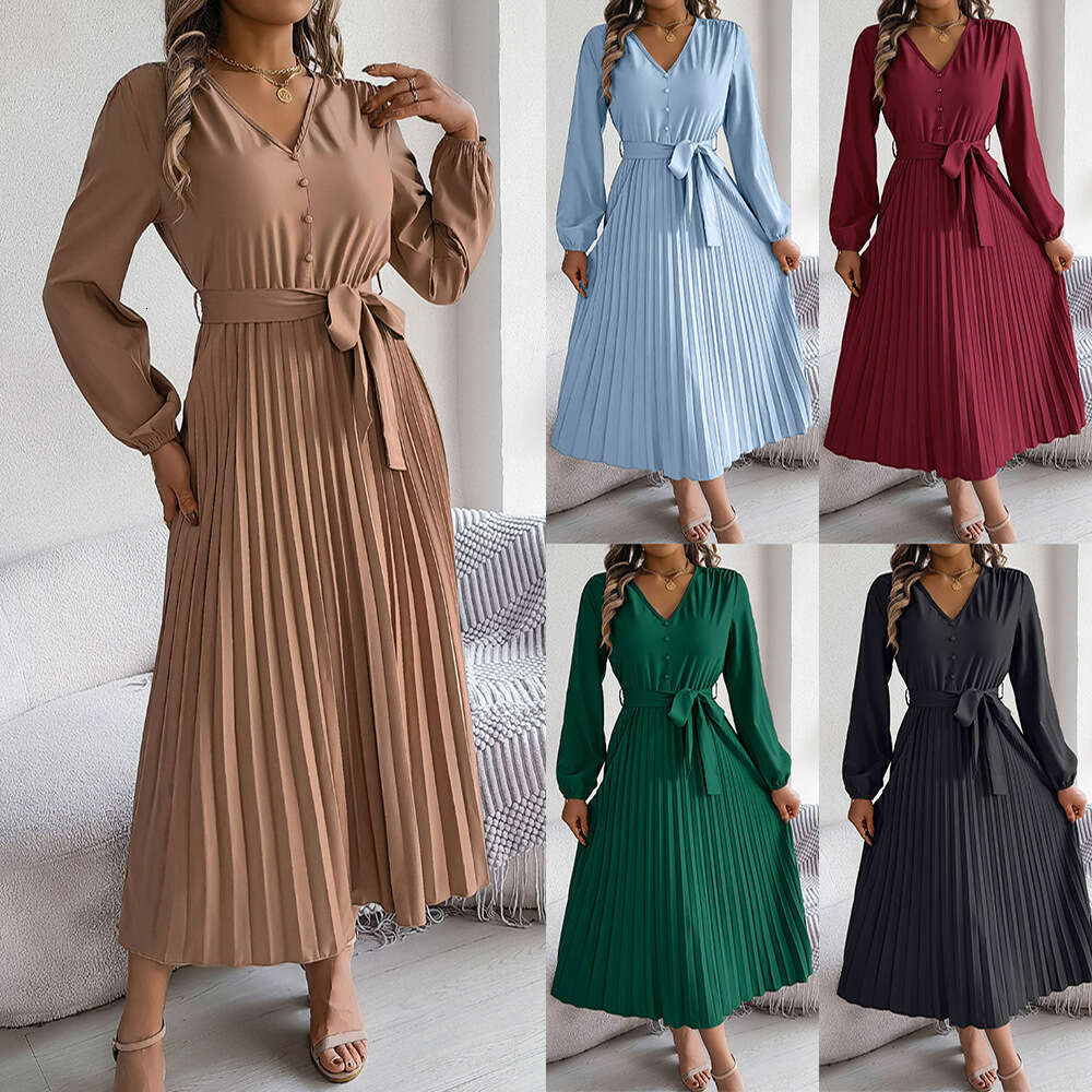 2024 Autumn Winter Elegant V-Neck Button Tie Large Hem Pleated Long Dress Women's Fashion