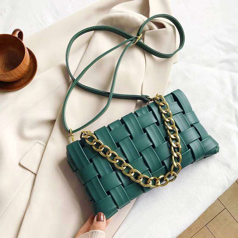 Popular Women's PU Weaven Strap 2024 New Trendy Chain Shoulder Armpit Summer Woven Messenger Bag