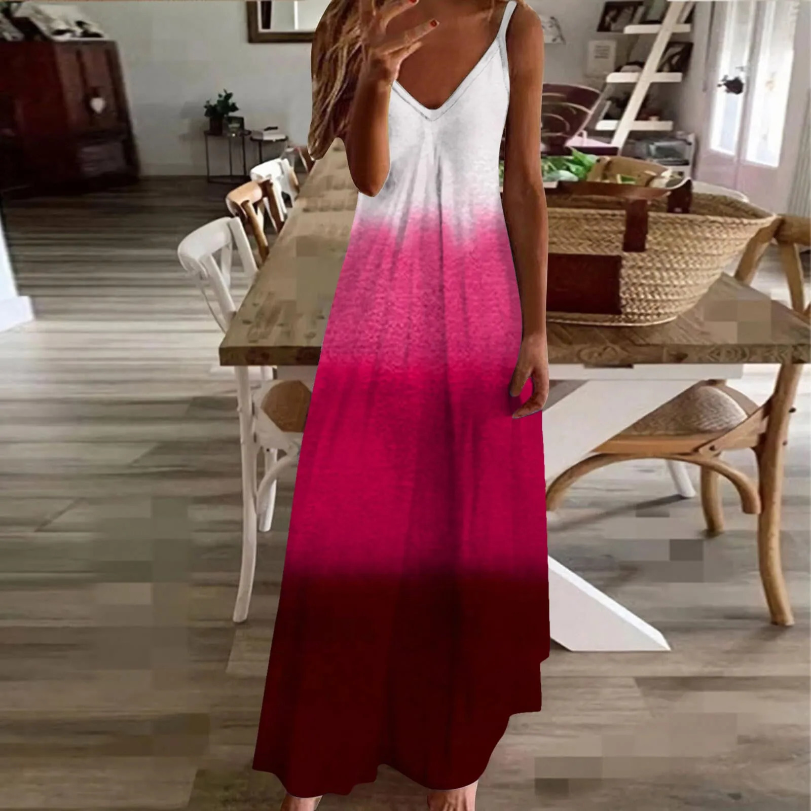 Summer Gradient Print Dress Women Slim Fit Long Skirt V Neck Spaghetti Strap Dress Elegant Party Beach Long Robe Spring 250606
