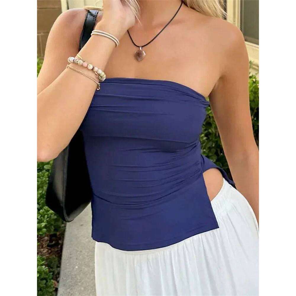 Women Tube Solid Color Strapless Slit Tank Summer Bandeau Cropped Tops Streetwear 2024 New