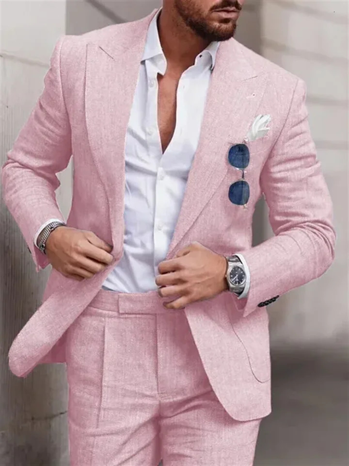 2 Piece Fashion Linen Suits for Men Chic Lapel Double One Button Male Suit Slim Fit Business Casual Wedding Tuxedo Costume 250603
