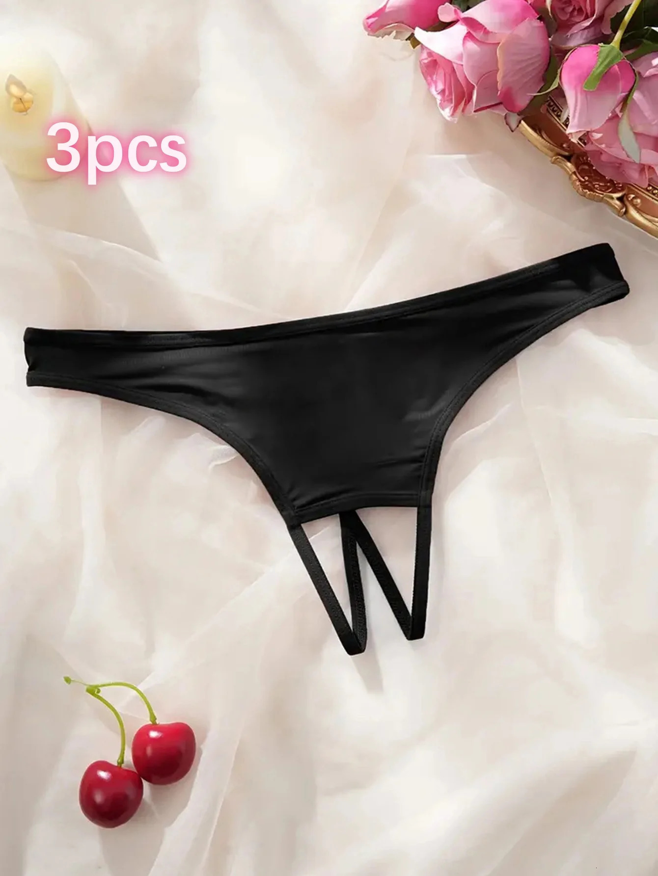 Womens Black Minimalist Low Waist Sexy Open Crotch Thong Summer Underwear 3PCS 250612