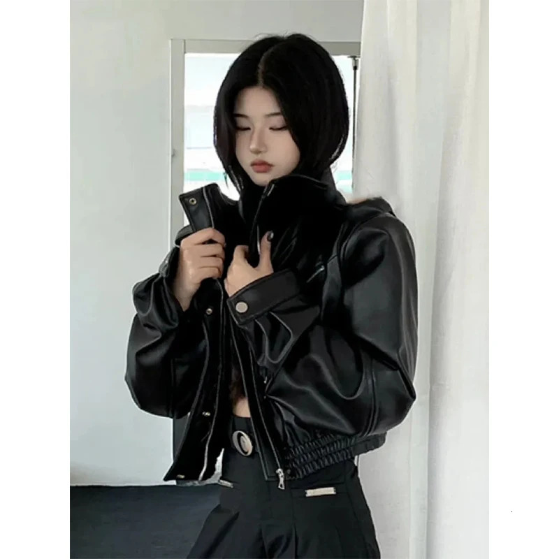MEXZT Cropped Pu Leather Jackets Women Black Motorcycle Short Coat Streetwear Vintage Korean Loose Casual All Match Outerwear 250606