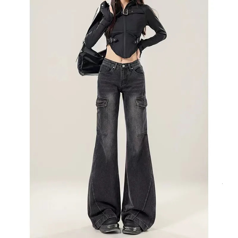 Jeans à cravate américaine noire et gris pour femmes Pantalon de travail slim d'hiver automne