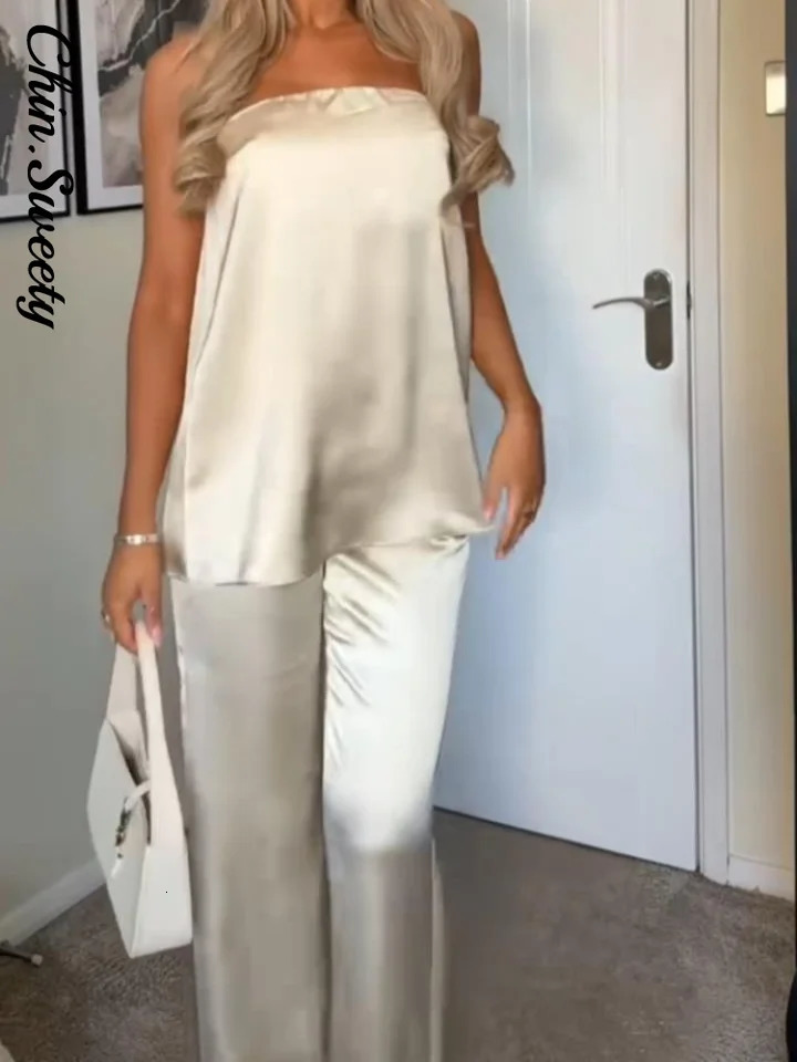 Elegant Tube Tops Womens Trouser Suits Backless Top Wide Leg Pants 2025 Spring Summer High Street Fashion 2 Pieces Set Women250609