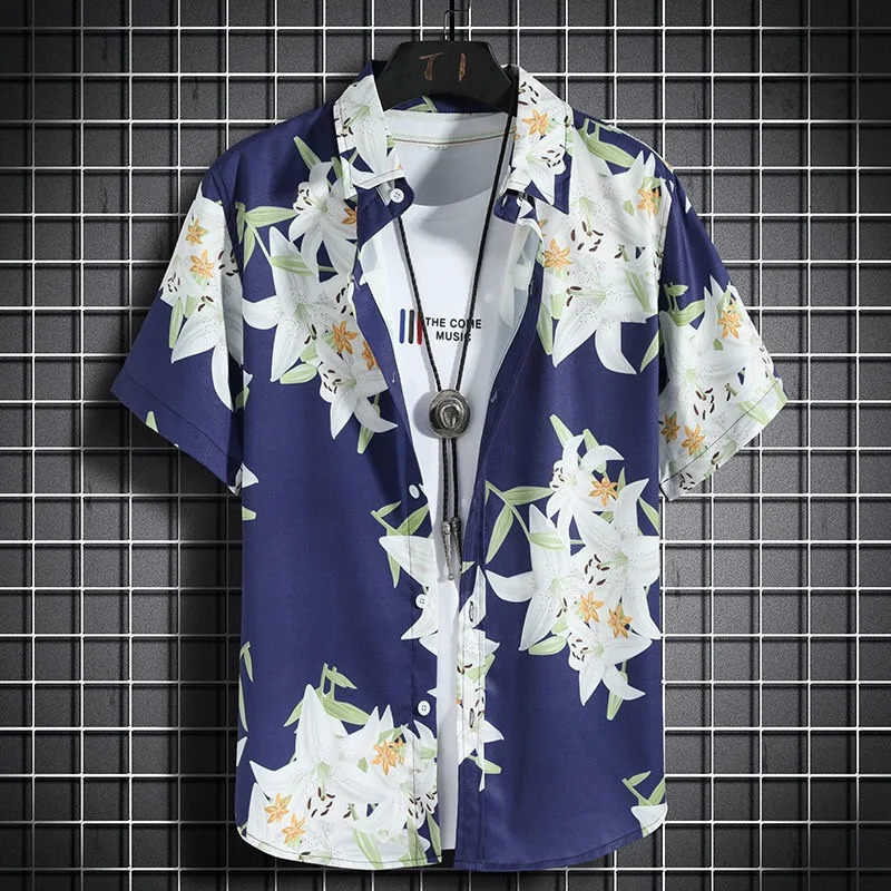 Hawaiian beach shirts Mens short-sleeved casual shirts Seaside vacation quick-drying clothes Loose floral tops 250606