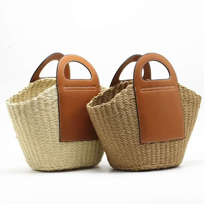 Meet You Summer Large Capacity Straw Handbag Hand Woven Paper Rope Patchwork Pu Leather Tote Designer Casual Beach Bag