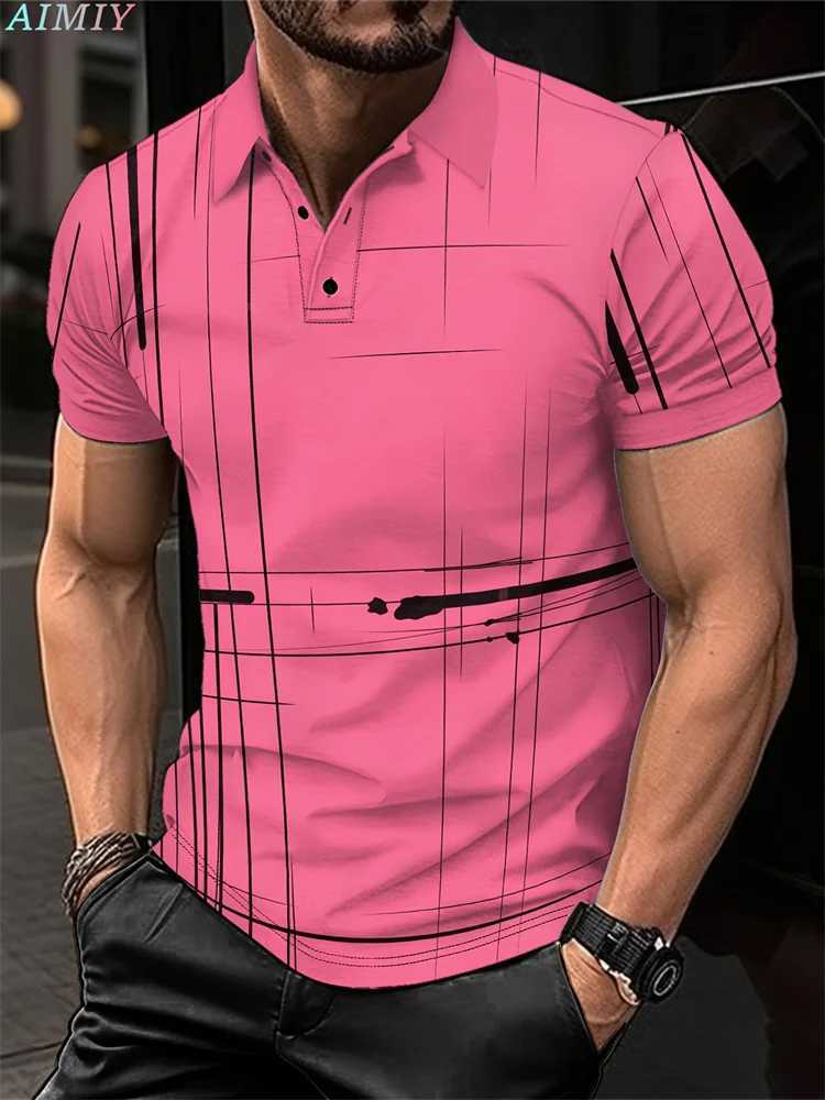 Summer Mens Short Sleeved Polo Shirt 3D Striped Digital Printed Polo Mens Business Casual Zipper Lapel Shirt Button Top 2025 XJ250612